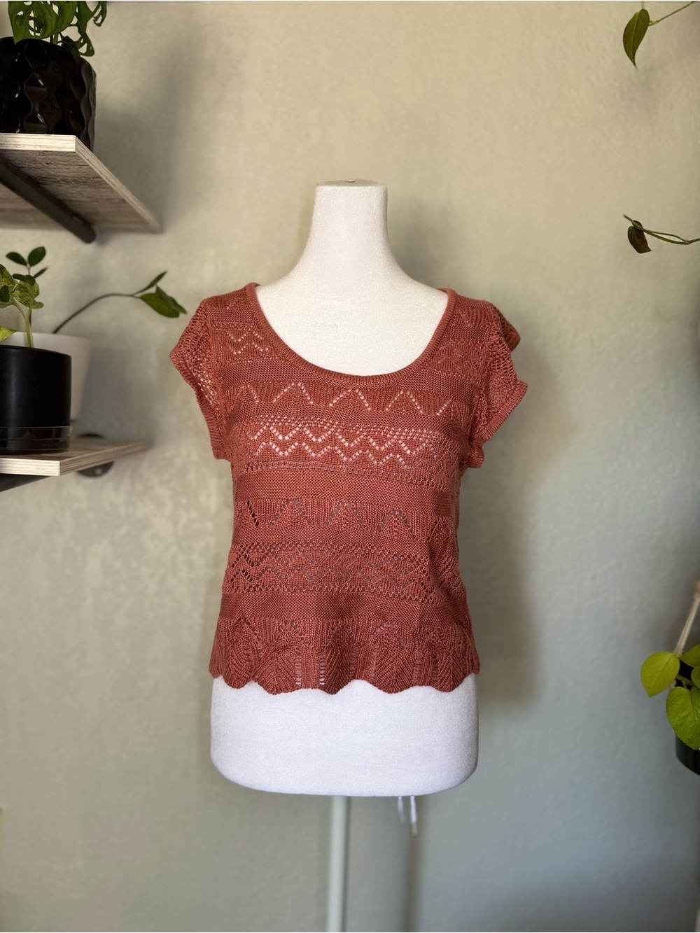Pink/Rust Knit Openwork Scoop Neck Top - Junior's